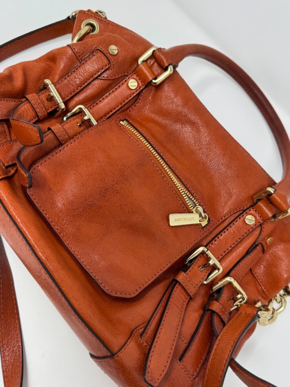 Michael Kors Burnt Orange Leather Moto Satchel Crossbody Bag Gold Chain